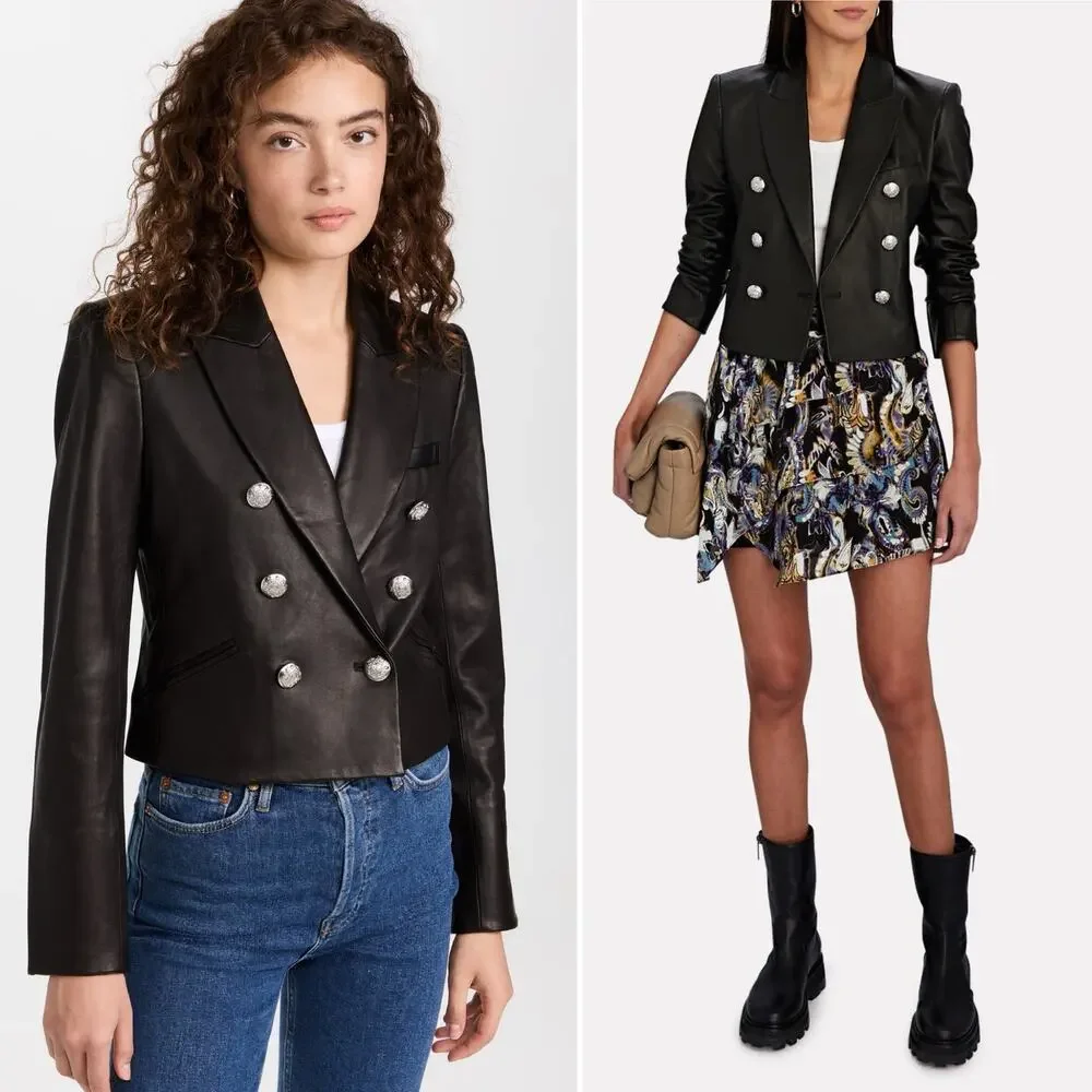 Veronica Beard Nevis Lamb Leather Blazer Jacket Cropped Black Silver Size 10 - Picture 1 of 10